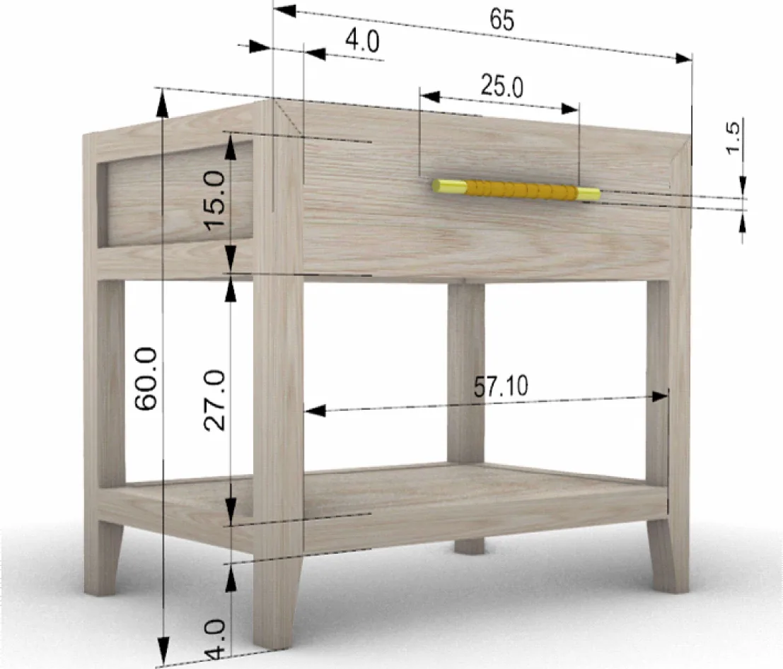 Dimensioned 3D model of an oak nightstand: 65 cm wide, 60 cm high, 15 cm drawer, 25 cm handle